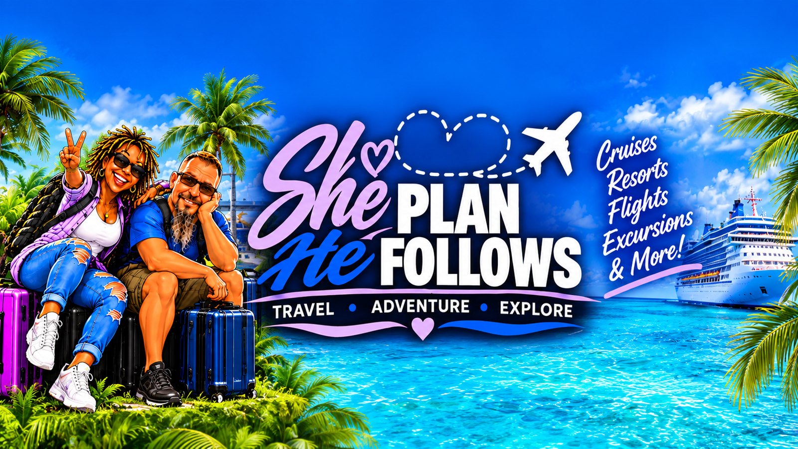 She Plans, He Follows banner: Denise and Gary with luggage beside a cruise ship and beach — cruises, resorts, flights, excursions and more