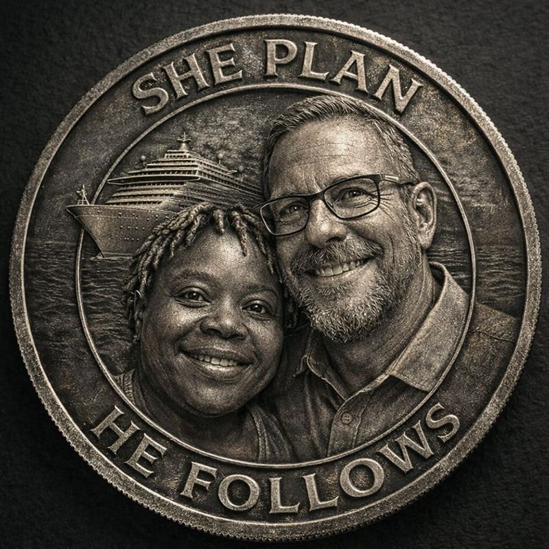 She Plans, He Follows coin logo with Denise and Gary's faces and a cruise ship